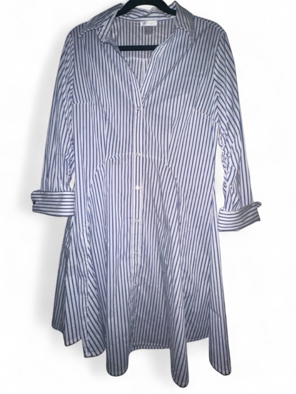 VENUS Blue and White Striped Long-Sleeve Shirt Dress 12